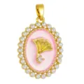 Exquisite oval pearl-encrusted pendant with pink enamel and gold ginkgo leaf design. - T02045 Ginkgo Leaf Pearl