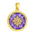 Gold-plated round pendant featuring purple enamel and a sparkling star flower charm for jewelry. - T02073