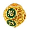 Ancient gold sand DIY spacer bead with lucky charm and green enamel for jewelry crafting. - Fortune Round Plaque Style (T00414)