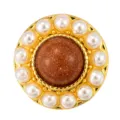 Gold-plated copper DIY bead with central brown sand stone and pearl border for jewelry. - Goldstone Pearl Style (T00435)