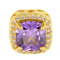 Gold-plated brass DIY charm bead featuring a cushion-cut purple stone with crystal halo. - Square Purple Stone Style (T00436)