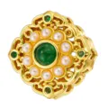 Antique gold DIY jewelry bead hollow carved spacer charm with green stone and white pearls. - Green Gem Pearl Style (T00452)