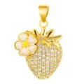 Gold-plated strawberry charm pendant with sparkling cubic zirconia and enameled flower for DIY jewelry making - Strawberry Enamel Style (T00467)