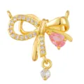 Gold Bowknot Zirconia Pendant DIY Jewelry Accessory with Pink Drop Stone and Dangling Charm - Bow Drop Style (T00476)