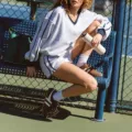 Ensemble sport casual femme tennis sweat col V amples short taille haute chic - S / Hauts / Gris (Haut)