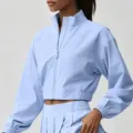 Veste de sport courte zippée pour femme et jupe de tennis plissée ensemble de fitness respirant. - S / Hauts / Bleu