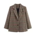 Women vintage plaid tweed blazer casual long sleeve single breasted suit jacket outerwear - XS / Houndstooth
