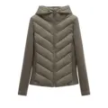 Women's slim hooded puffer jacket with knit patchwork sleeves, stylish warm winter outerwear - XS / Army Green