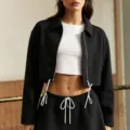 Veste courte zippée pour femme et pantalon de survêtement cordon de serrage ensemble - S / Hauts / Noir