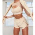 Beige athletic two-piece set featuring a zip-up sports bra and matching shorts for gym. - QS08111 - Apricot Top