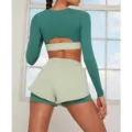 Women green athletic sportswear set, long sleeve crop top and double layer sports shorts. - QS08111 - Green Shorts