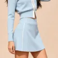 Ensemble sport golf tricot bleu clair femme veste zippée manches longues jupe tennis - S / Bas / Bleu