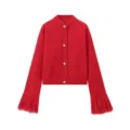 Cardigan en tricot rouge élégant pour femme avec poignets en plumes et jolis boutons. - S / Rouge