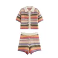 Colorful striped knit cardigan and shorts two-piece set for women fashion casual wear - S / Set / Red Stripes