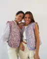 Women vintage floral quilted vest sleeveless boho padded waistcoat casual outerwear top - S / Blue