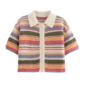 Colorful striped short-sleeve knit cardigan with lapel collar and buttons, casual stylish top. - S / Tops / Red Stripes