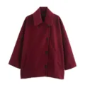 Women burgundy lapel long sleeve wool coat jacket casual autumn winter outerwear apparel - XS / Red