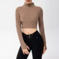 Women long sleeve activewear crop top with half zip and thumb holes for fitness yoga training. - QS24384C-Light Cocoa