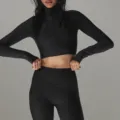 Women's Black Athletic Long Sleeve Half-Zip Crop Top and High-Waist Leggings Set. - QS24384C-Black