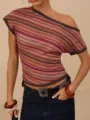 Stylish colorful striped off-the-shoulder knit top, slim fit retro women's summer fashion. - S / Red