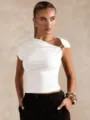 White asymmetric one-shoulder cropped T-shirt detail, featuring a chic metallic buckle accent. - S / White