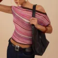 Chic multi-color striped off-the-shoulder knit top, retro slim-fit casual women's apparel. - S / Pink