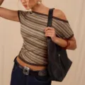 Women retro colorful striped off-shoulder knit top slim fit casual chic fashion apparel - S / Khaki