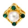 Gold-plated brass hollow DIY spacer bead with white pearl and green crystal stones. - Green Crystal Frame Style (T00490)