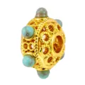 Antique gold spacer bead hollow DIY jewelry accessory with turquoise accents for bracelet charm. - Turquoise Bead Style (T00499)