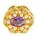 Gold-plated filigree DIY charm bead with purple oval gemstone and pearls, elegant jewelry accessory. - Purple Gem Pearl Style (T00500)