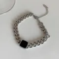 Klobige Kette Halskette mit schwarzem quadratischem Anhänger, Titanstahl Variante. - Schwarzes Quadratisches Armband / Stahlfarben