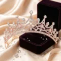 Close-up rose gold bridal tiara with sparkling crystal rhinestones and purple velvet box detail - Champagne And White Rhinestone