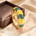 Vintage enamel open bangle bracelet with yellow and green colorblock zinc alloy fashion jewelry. - Yellow + Green
