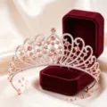 Detailed view of a gorgeous rose gold rhinestone tiara crown for wedding bridal hair styling accessories. - Champagne Gold