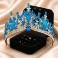Blue crystal bridal tiara crown wedding hair accessories for women rhinestone headpiece - KC Gold With Lake Blue