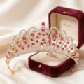 Exquisite gold princess tiara with pink rhinestones for wedding hair accessories styling. - KC Gold + Rose Red Rhinestone