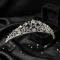 Exquisite silver crystal tiara detail shot, elegant branch floral design rhinestone crown. - Silver