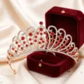 Exquisite gold tiara with red rhinestones, detailed craftsmanship for bridal wedding hair styling. - KC Gold With Red