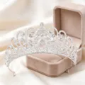 Silver rhinestone tiara crown crystal bridal hair accessory close up detail bridal wedding prop. - Silver + White Zirconia