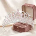 Exquisite crystal tiara detail shot, shimmering rhinestones and pink stones for bridal styling. - Silver with Pink Rhinestone