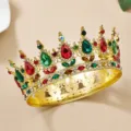 Baroque gold crown tiara with red and green crystal rhinestones for women holiday party. - Imitation Gold + Mixed Color Rhinestone