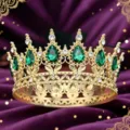 Barocke Legierung Kronen Tiara mit grünen Tropfen Edelsteinen und Kristallen für Party - Gold mit grünen Strasssteinen