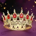 Corona barocca dorata con gemme rosse a goccia e strass per feste, matrimoni o decorazione torte. - Oro con strass rossi