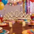 Exquisite alloy rhinestone birthday crown tiara detail shot, perfect for party celebrations. - Silver Crown with Blue Gems and Tulle / Alloy Gold