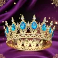 Barocke Legierung runde Krone mit blauen Tropfen Edelsteinen für Kopfbedeckung Dekoration. - Gold mit Meerblau