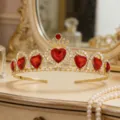Gouden legering rode hart strass tiara kroon voor kinderfeest jurk haaraccessoires. - H-089 Goud & rood
