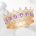 Corona diadema cuore in lega barocca dettaglio, accessorio capelli sposa matrimonio, cristallo. - Oro + Strass a Cuore Viola