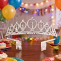 Silver rhinestone crown detail, sparkling tiara for birthday party and festive celebration display. - Silver Crown with Blue Gems and Tulle / Alloy Silver