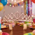 Exquisite gold rhinestone tiara close-up, sparkling crystal crown for birthday party celebration. - Silver Crown with Blue Gems and Tulle / Alloy Rose Gold