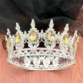 Barocker Legierung Tropfen Krone Diadem für Hochzeit, Party und Kuchendekoration. - Silber + Bernsteinfarbener Strass